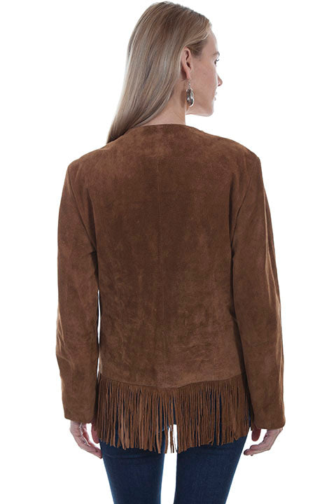 Scully Women's Suede Jacket with Fringe on Collar and Hem Cinnamon Front