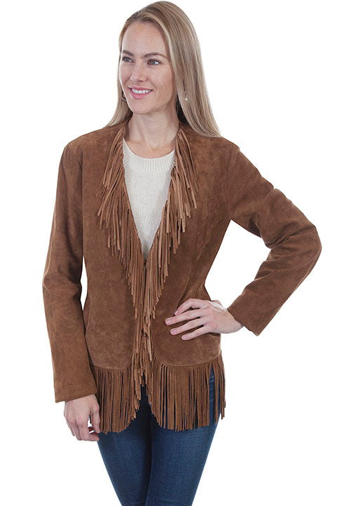 Scully Women's Suede Jacket with Fringe on Collar and Hem Cinnamon Front