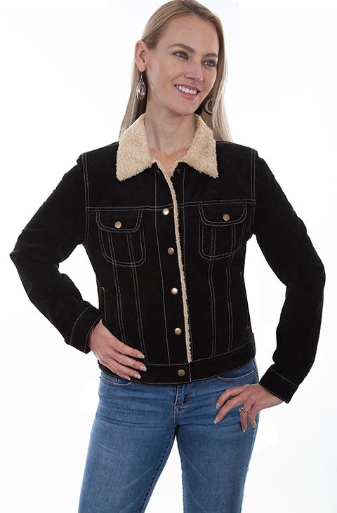 Scully Ladies' Leather Jean Jacket with Shearling Lining Black Front