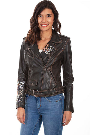 Scully Ladies' Leather Motorcycle Jacket with Embroidery and Studs Front