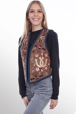 Scully Ladies' Embroidered Flowers and Horseshoe Leather Vest Front