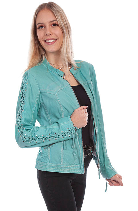Scully Ladies' Leather Jacket Laced Sleeve Blue River Front