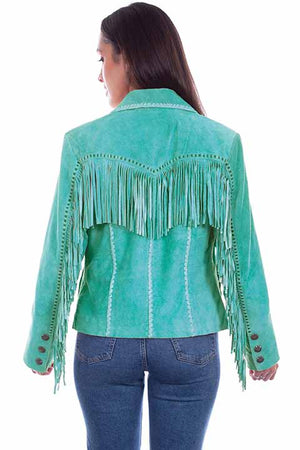 Scully Ladies' Suede Jacket with Pick Stitch Fringe Back Turquoise
