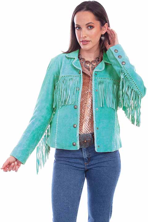 Scully Ladies' Suede Jacket with Pick Stitch Fringe Front Turquoise