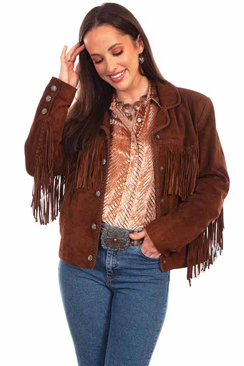 Scully Ladies' Suede Jacket with Pick Stitch Fringe Front Brown