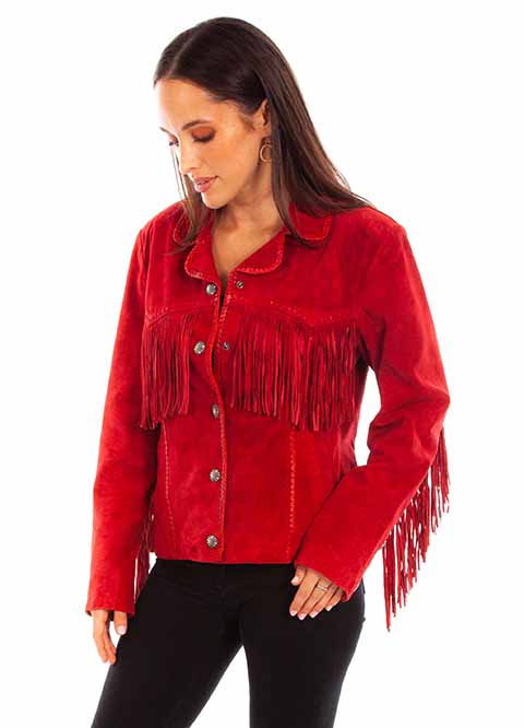 Scully Ladies' Suede Jacket with Pick Stitch Fringe Front Red