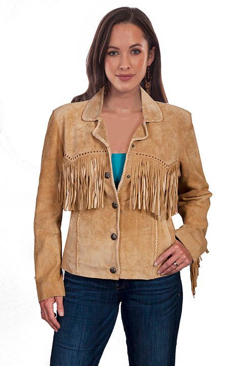 Scully Ladies' Suede Jacket with Pick Stitch Fringe Front Brown