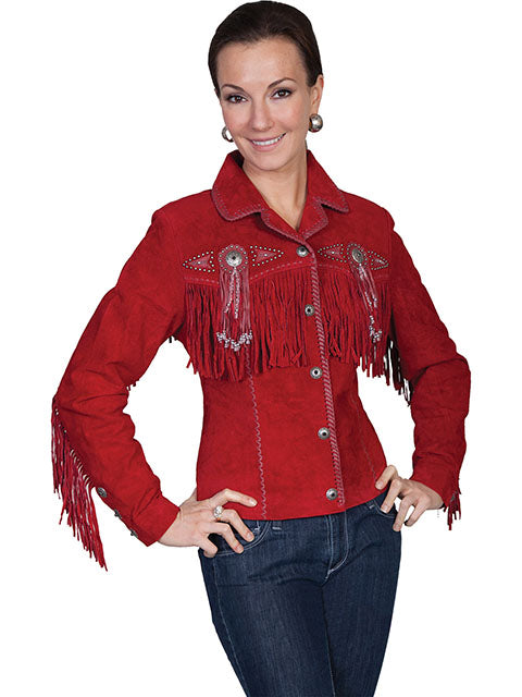 Scully Women's Suede Jacket with Fringe, Conchos, Beads Red Front 