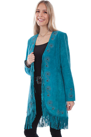 Scully Women's Suede Coat with Embroidery, Studs, Silver Accents Turquoise Front