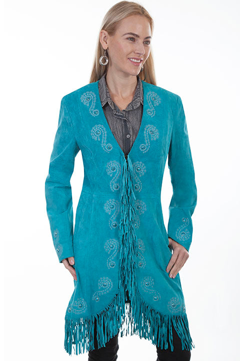 Scully Women's Suede Coat with Embroidery, Studs, Silver Accents Turquoise Front