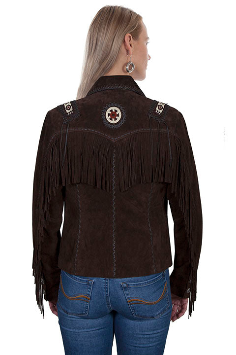 Scully Ladies' Leather Suede Fringe Jacket with Beads and Hand Lacing Expresso Front