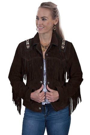 Scully Ladies' Leather Suede Fringe Jacket with Beads and Hand Lacing Expresso Front