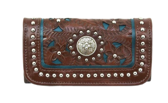 American West Lady Lace Tri-Fold Wallet Dark Brown Front