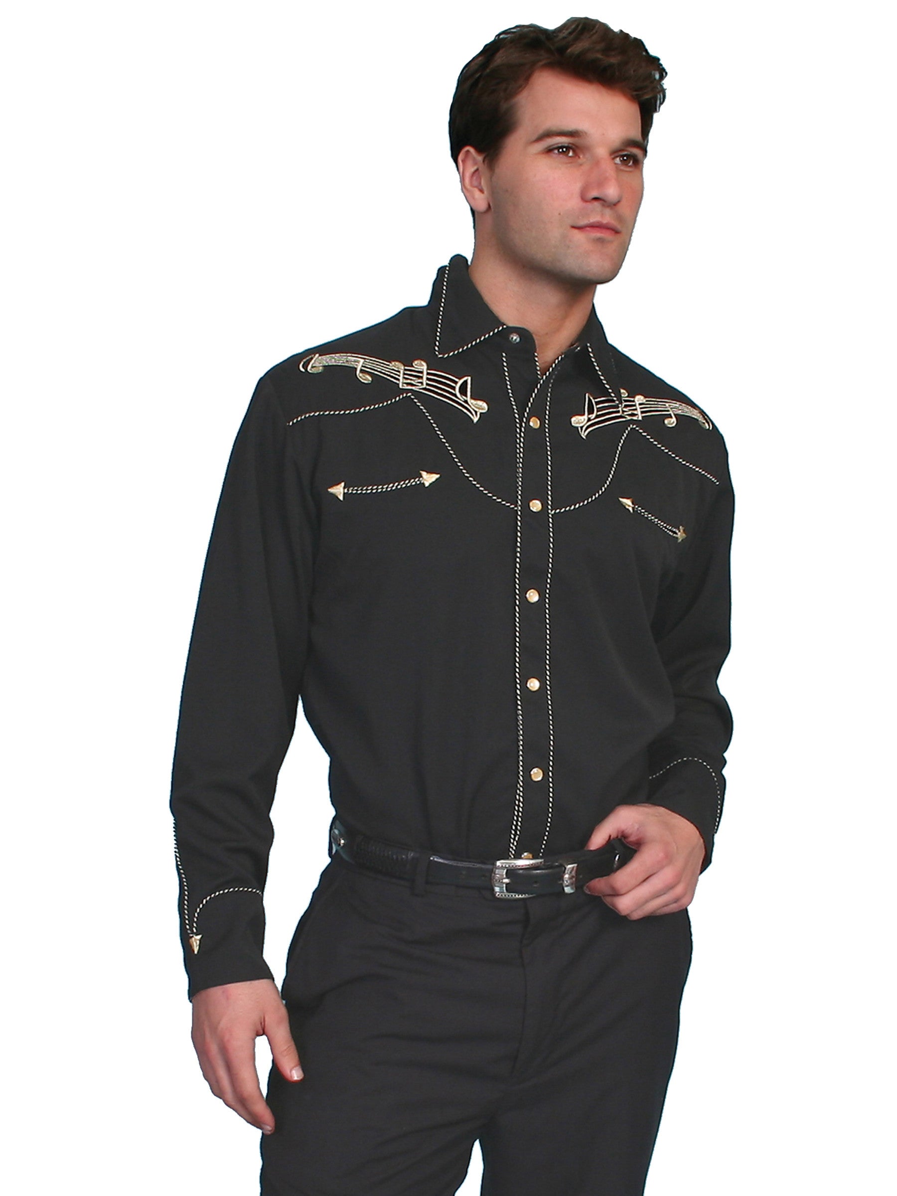 Vintage Inspired Western Shirt Mens Scully Gold Notes Front Black S-4X