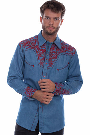 Scully Men's Gunfighter Shirt Denim and Cranberry Front
