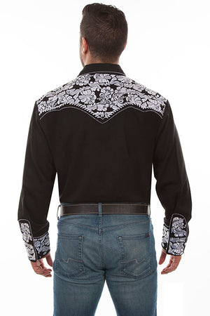 Scully Leather Co. Men's Gunfighter Embroidered Western Shirt Black & White