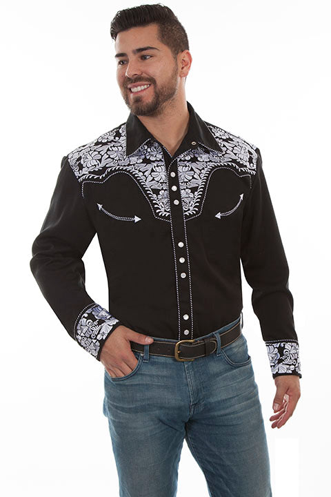 Scully Leather Co. Men's Gunfighter Embroidered Western Shirt Black & White