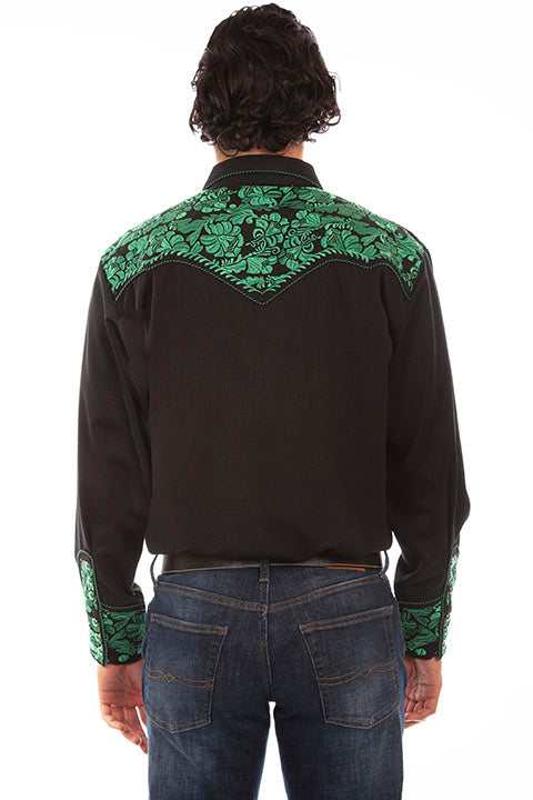 Scully Men's Vintage Inspired Embroidered Gunfighter Black & Emerald Front