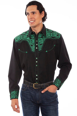 Scully Men's Vintage Inspired Embroidered Gunfighter Black & Emerald Front