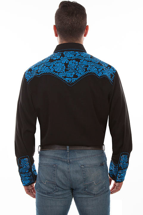 Scully Leather Co. Men's Embroidered Western Shirt Black & Royal