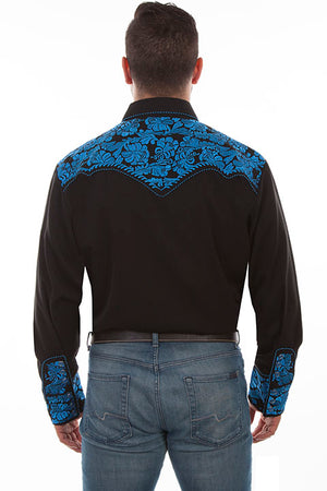 Scully Leather Co. Men's Embroidered Western Shirt Black & Royal Back