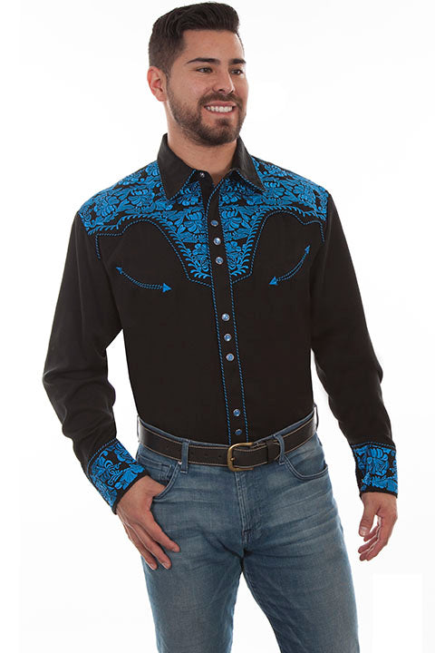Scully Leather Co. Men's Embroidered Western Shirt Black & Royal