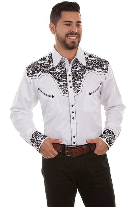 Scully Leather Co. Men's Gunfighter Embroidered Western Shirt White & Black