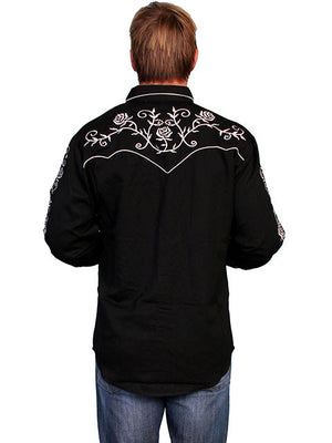 Vintage Inspired Western Shirt Scully Mens Roses and Vine Silver on Black Back View