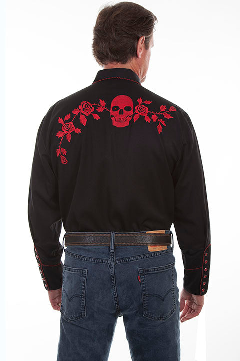 Scully Men's Vintage Inspired Western Shirt Red Skulls and Roses on Black