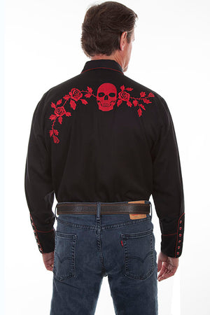 Scully Men's Vintage Inspired Western Shirt Red Skulls and Roses on Black Back