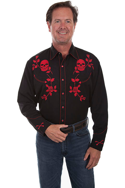 Scully Men's Vintage Inspired Western Shirt Red Skulls and Roses on Black