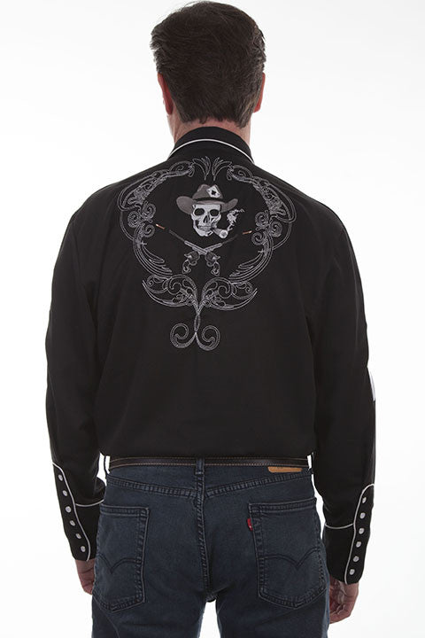 Vintage Inspired Western Shirt Mens Scully Shooting Guns, Cards, Smoking Skull Black Front
