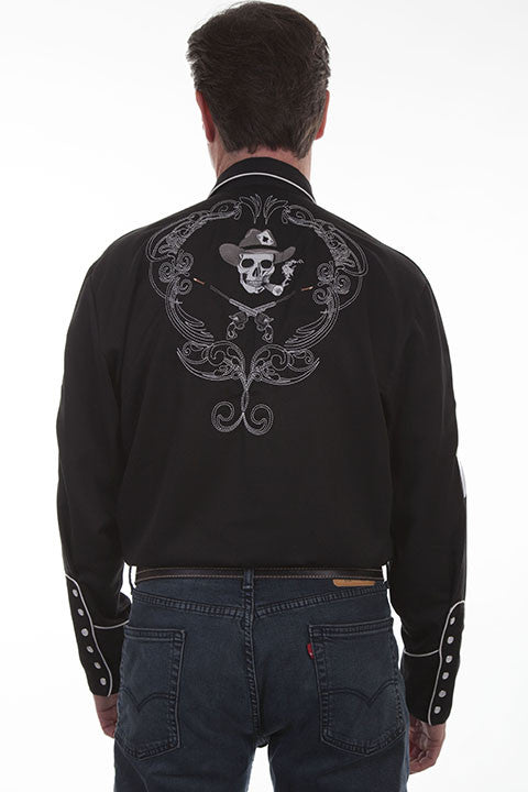 Vintage Inspired Western Shirt Mens Scully Shooting Guns, Cards, Smoking Skull Black Back