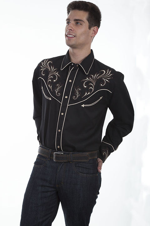 Vintage Inspired Western Shirt Scully Mens Floral Scrolls Black Front
