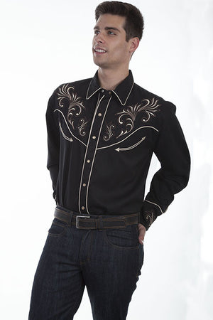 Vintage Inspired Western Shirt Scully Mens Floral Scrolls Black 3Q