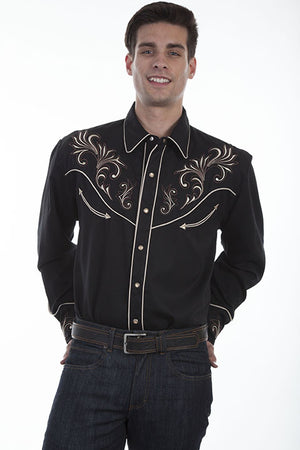 Vintage Inspired Western Shirt Scully Mens Floral Scrolls Black Front