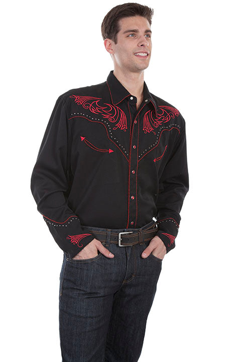 Men's Scully Vintage Inspired Western Shirt Red Scrolls and Metal Accents Side