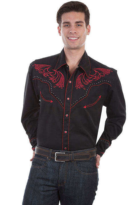 Men's Scully Vintage Inspired Western Shirt Red Scrolls and Metal Accents Front