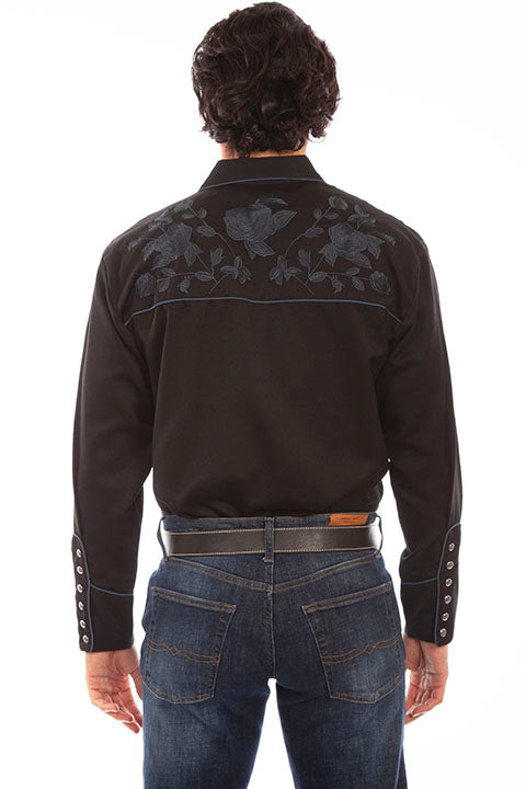 Men's Scully Vintage Inspired Western Shirt Embroidered Blue Black Floral Back