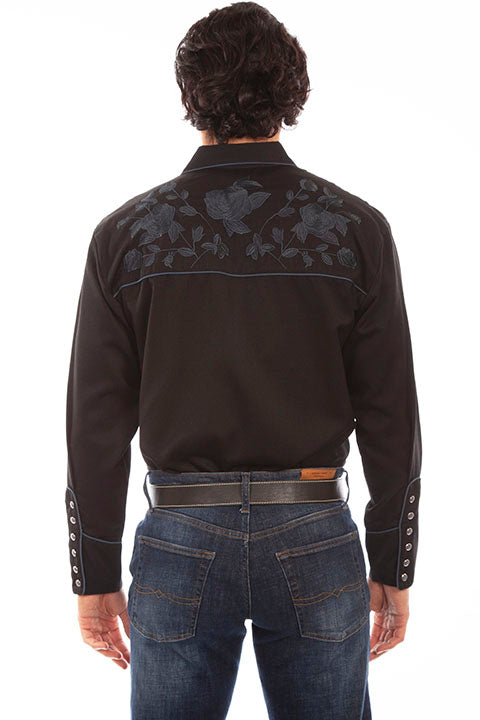 Men's Scully Vintage Inspired Western Shirt Embroidered Blue Black Floral Front