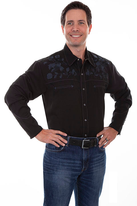 Men's Scully Vintage Inspired Western Shirt Embroidered Blue Black Floral Front