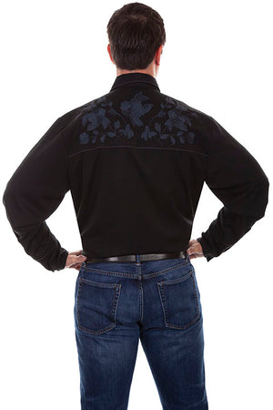 Men's Scully Vintage Inspired Western Shirt Embroidered Blue Black Floral Back