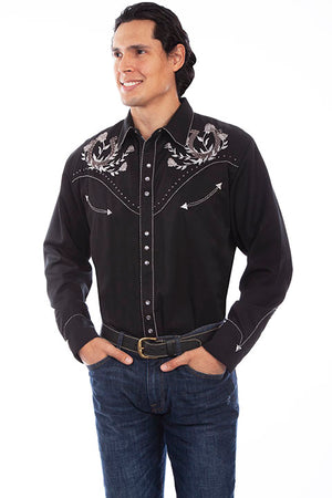 Scully Men's Vintage Inspired Western Shirt Lucky Horseshoes & Roses Black Front