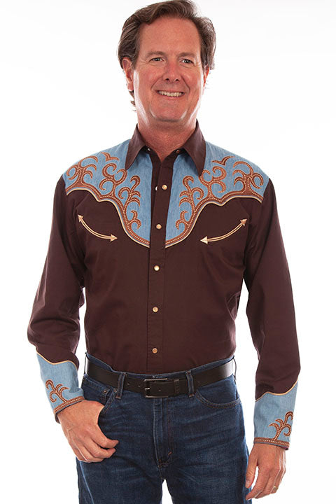 Scully Men's Embroidered Shirt with Blue Yokes Front
