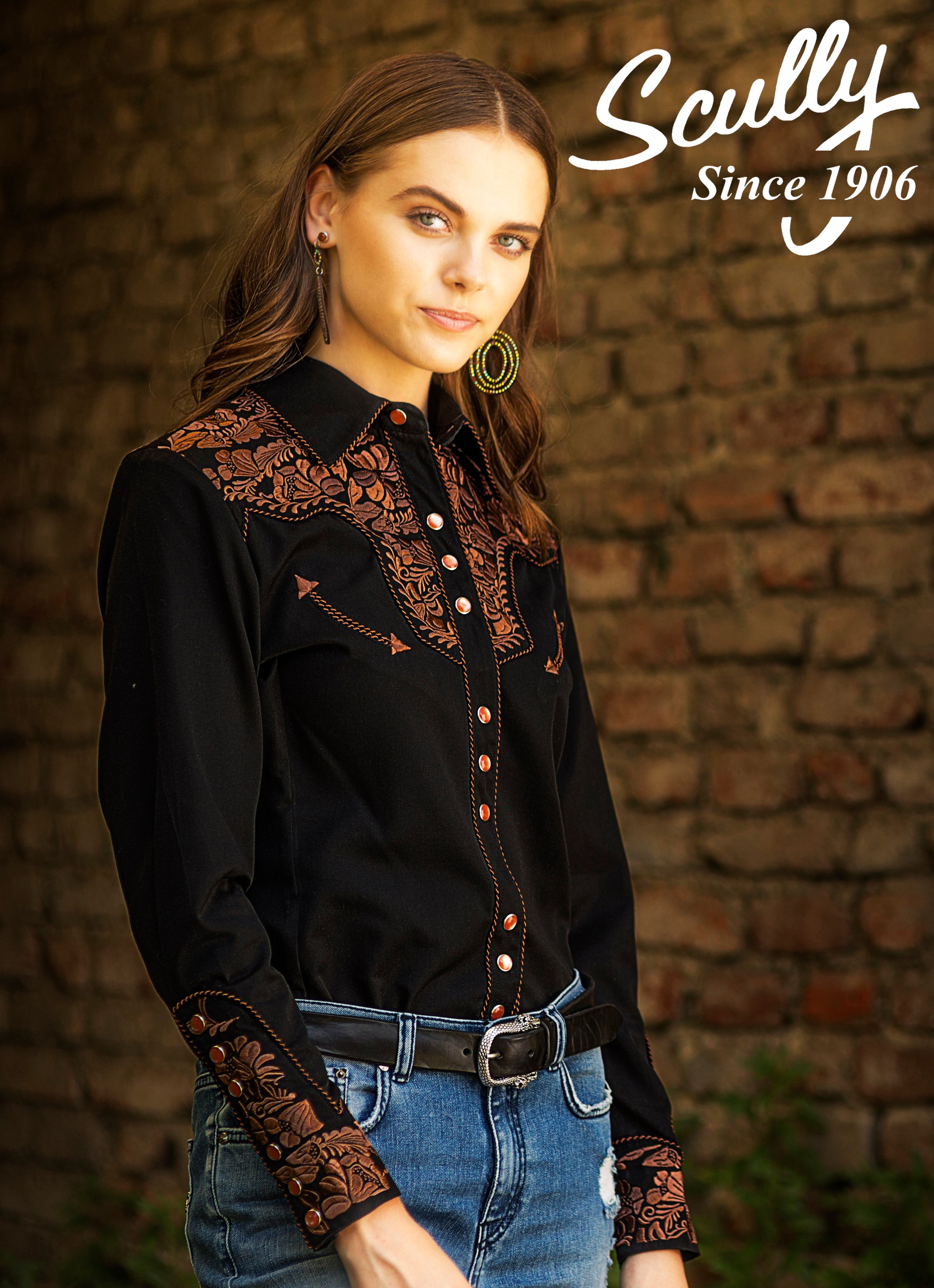 Vintage Inspired Western Shirt Ladies Scully Gunfighter Rust Black Front XS-2XL