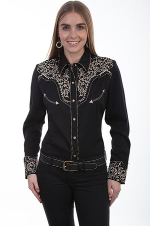 Vintage Inspired Western Shirt Ladies' Scully Two Tone Embroidery Front Black