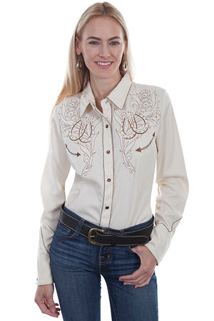 Scully Ladies Vintage Western Shirt with Embroidered Horseshoes and Roses Cream Front