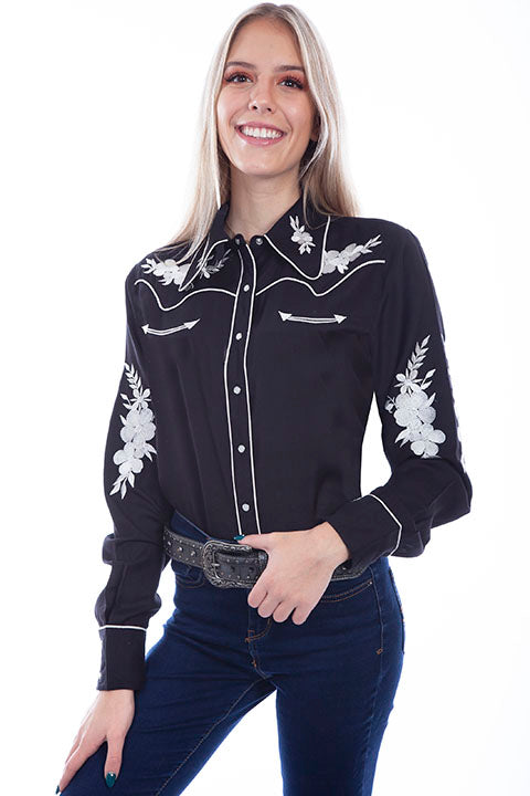 Scully Ladies' Vintage Inspired White Floral Embroidery Front