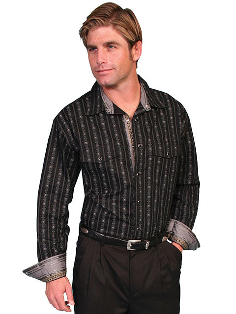 Scully Men's Shirt Black Stripe with Skulls Front
