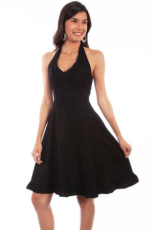 Scully Cantina Collection Halter Dress with Ruffle Hem, Black Front View